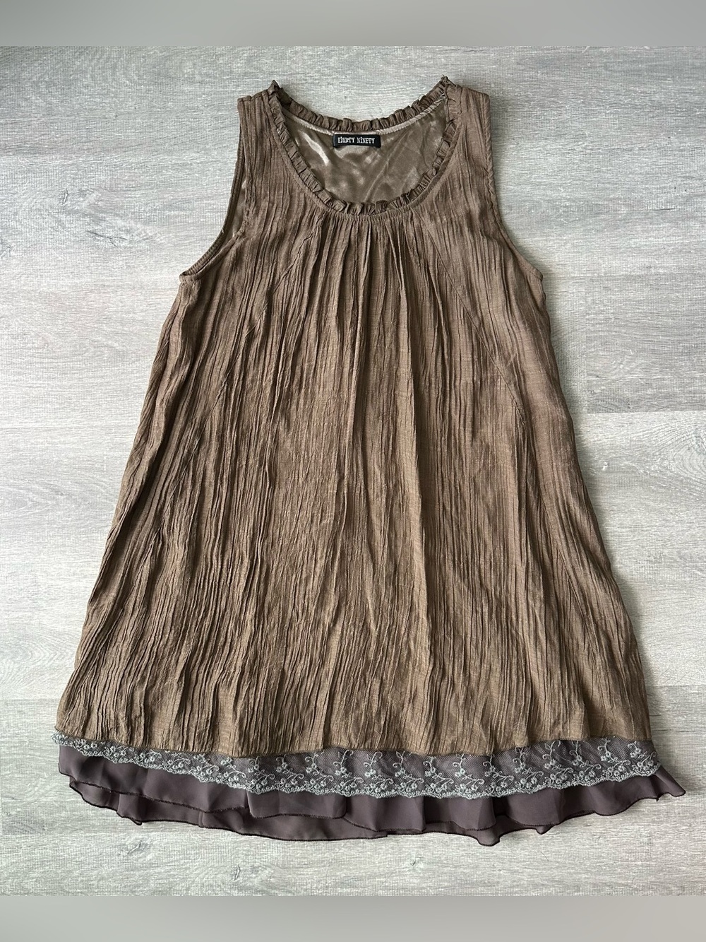 VTG Eighty Ninety Japanese Layered Lace Crinkle Mini Dress - Brown
